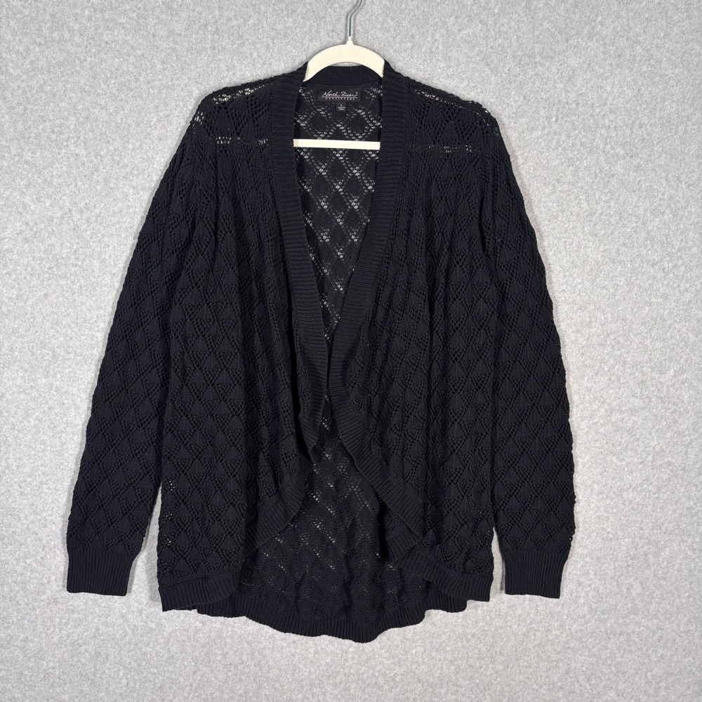 North River Outfitters Cardigan Sweater Black Crochet Sheer Open Knit Cottage